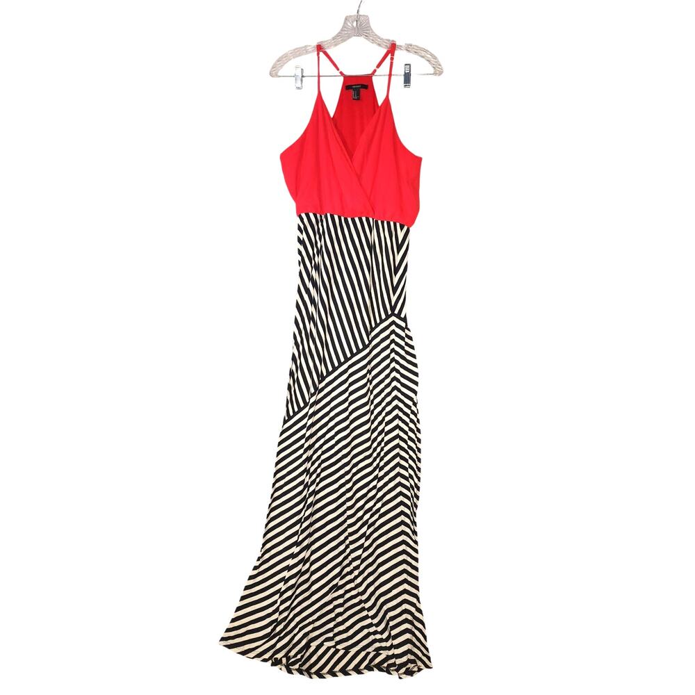 Forever 21 Women's Black & White & Red Maxi Striped Dress Size Medium
